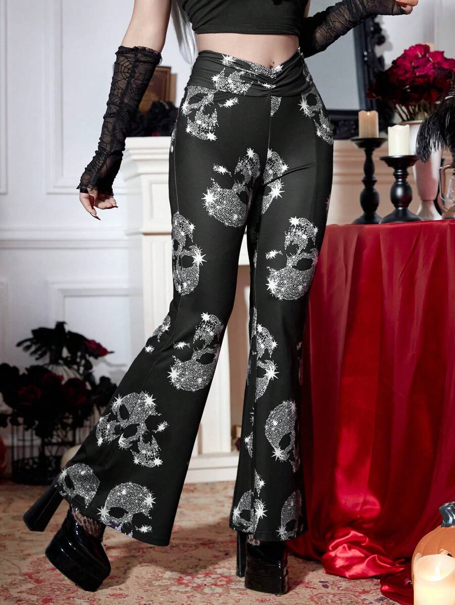 Joress PUNK Halloween Skull Print Ruched Flare Leg Pants - Black - View 1