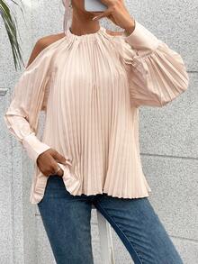 SHEIN Frenchy Vai lạnh Chi tiết xếp nếp Áo sơ mi - Màu be - Xem 3