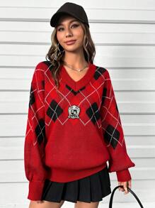 SHEIN Qutie Họa tiết Argyle Thả vai Áo len - Màu Đỏ Sâu - Xem 5