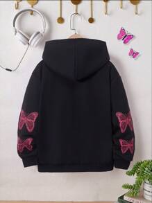 SHEIN Tween Girl 1pc Butterfly Print Zip Up Hooded Sweatshirt - Black - View 2
