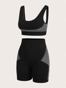 Easithlete Striped Print Wideband Waist Sports Set - Black - View 3
