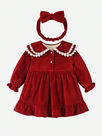 Baby Girl Contrast Lace Ruffle Hem Velvet Dress With Headband