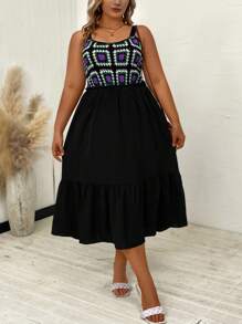 SHEIN LUNE Plus Geo Print Ruffle Hem Cami Dress - Black - View 6