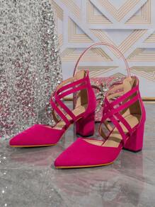 Pointed Toe Sexy Cross Strap Zipper Back Burgundy Red Fashion Versatile High Heels - Hot Pink - View 5