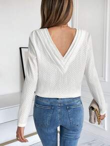 SHEIN Frenchy Chất rắn Cổ v Áo thun - trắng - Xem 3