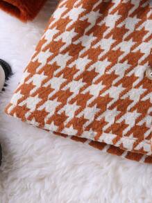 SHEIN Young Girl 1pc Houndstooth Print Borg Collar Belted Overcoat