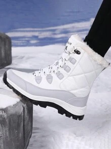 Women's White Fabric & Leather Splice Outdoor High-Top Snow Boots, With Thick Thermal Lined And Non-Slip Sole, All-Match Style - White - View 3
