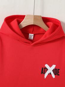 SHEIN Leap Crew 紅色青少年男孩休閒印花針織連身衣,標語圖案,保暖帽衫