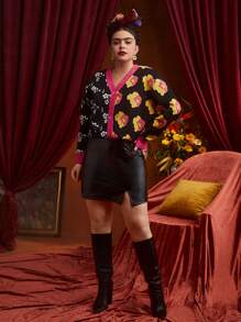 Frida Kahlo X SHEIN Hơn Mô hình hoa Viền tương phản Nút phía trước Áo len Mở - Nhiều màu - Xem 5