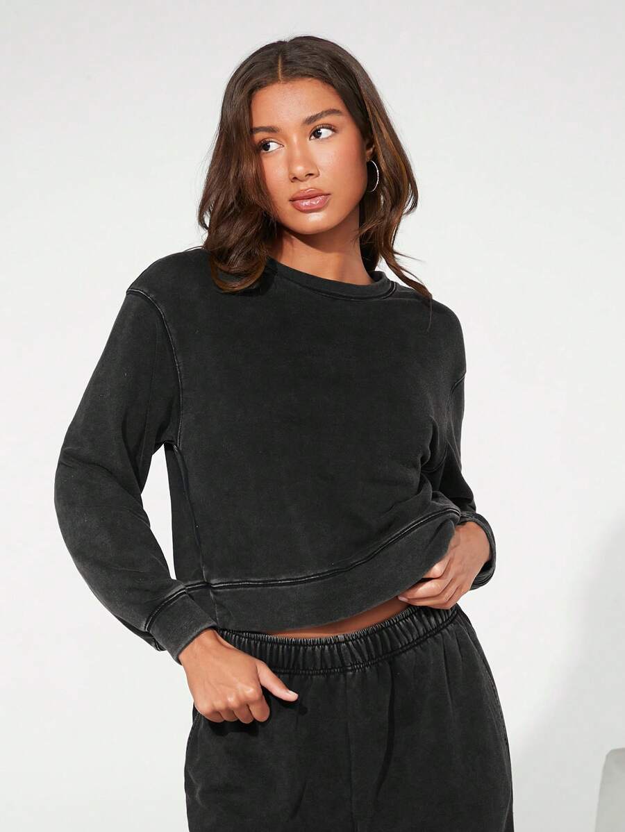 SHEIN BASICS 運動女士罩衫，採用毛圈絨面料 - 深灰色 - 查看 1