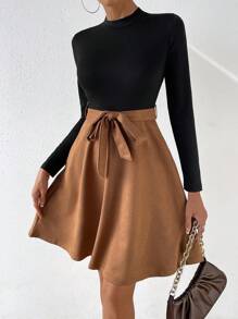 Chiquease Two Tone Mock Neck Belted Dress - Black - View 4