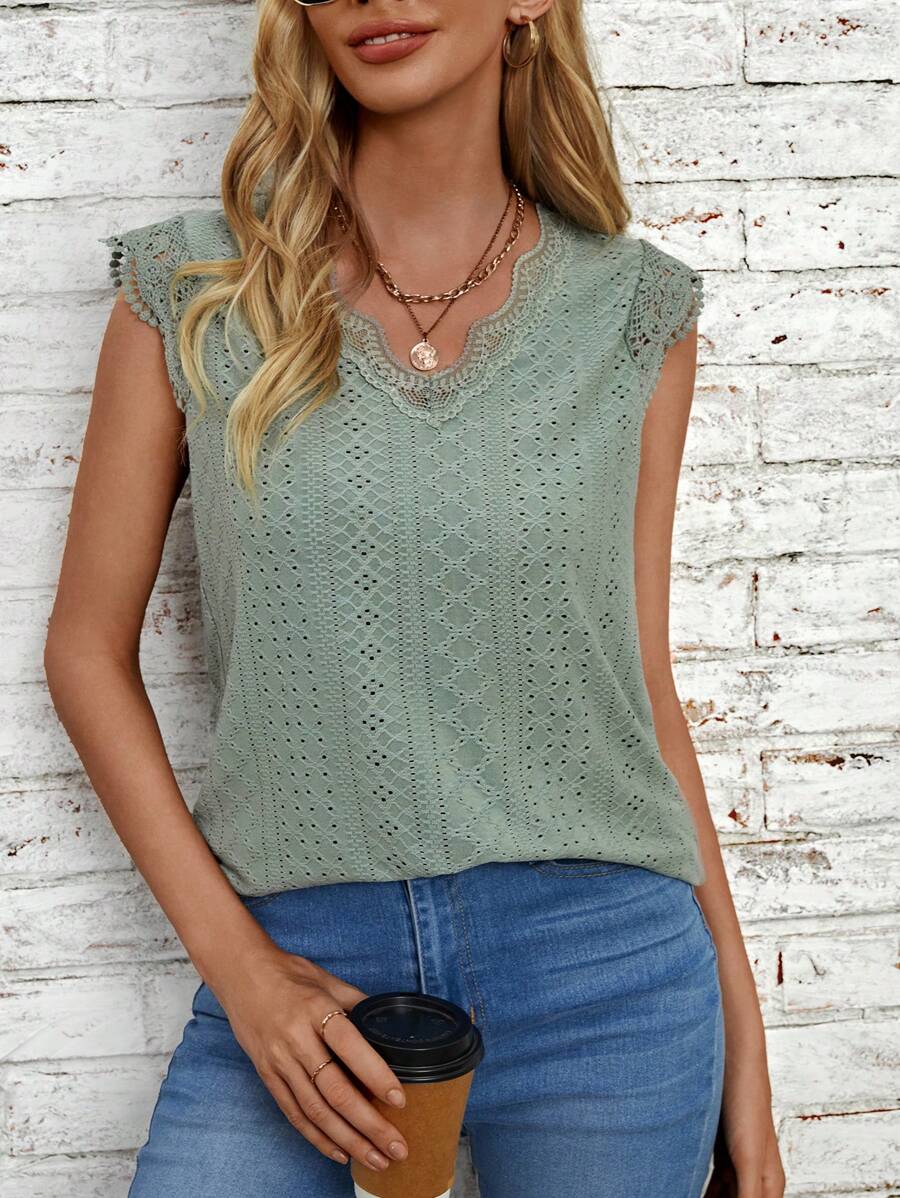 SHEIN Clasi Ren tương phản Cổ v Áo thun - Màu xanh Bạc hà - Xem 1