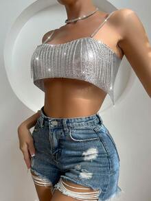 SHEIN SXY Top de tirantes crop con diseño de diamante de imitación - Plateado - Ver 3