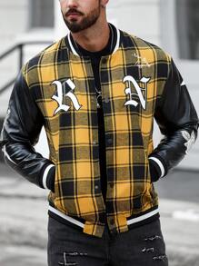 Manfinity LEGND Men Plaid & Letter Graphic Striped Trim Varsity Jacket - Yellow - View 1
