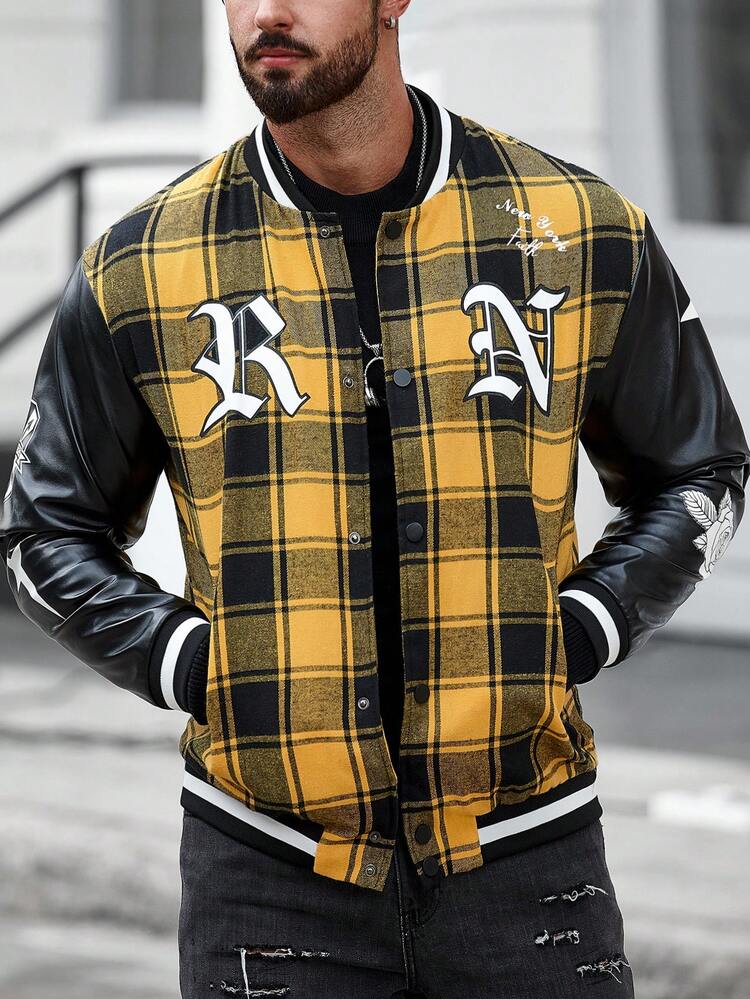 Men Plaid & Letter Graphic Striped Trim Varsity Jacket