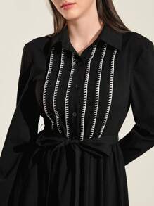 Mulvari Contrast Trim Self Belted Shirt Dress Modest Long Sleeve Dress