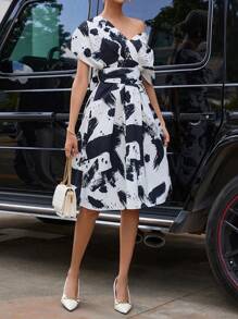 SHEIN Privé Brush Print Asymmetrical Neck Dress