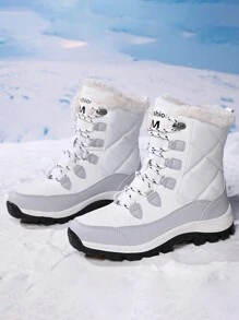 Women's White Fabric & Leather Splice Outdoor High-Top Snow Boots, With Thick Thermal Lined And Non-Slip Sole, All-Match Style - White - View 6