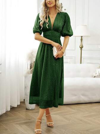 提花深V領泡泡袖洋裝