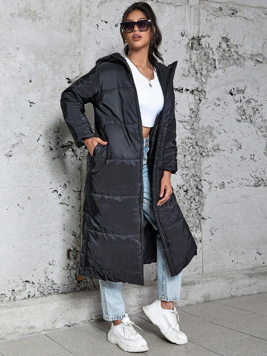 Eilly Bazar Zip Up Hooded Padded Coat For Winter - Black - View 1