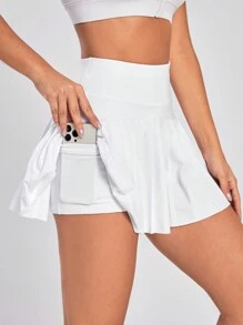 High Waist Phone Pocket Ruffle Hem Sports Skort,Women Tennis Outfit - White - View 2