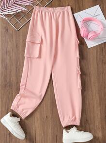 SHEIN Chica preadolescente Pantalones deportivos con bolsillo lateral con solapa - Rosa - Ver 2
