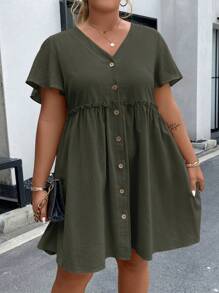 Vionelle Plus Button Front Frill Trim Smock Dress - Army Green - View 3