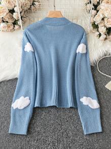 Calvaya Plus Cloud Pattern Ribbed Knit Sweater - Blue - View 2