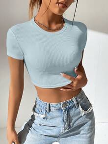 SHEIN EZwear Solid Ribbed Knit Crop Tee - Baby Blue - View 5