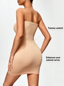 SHAPORA Women's Beige Tummy Control Mini Dress Slip Casual Comfy Medium Stretch Semi-Sheer Underdress Shapewear - Beige - View 3