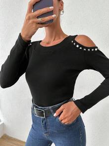 Cottnline Chi tiết đáng kinh ngạc Vai lạnh Đồ đan Ribbed Áo thun - màu đen - Xem 3