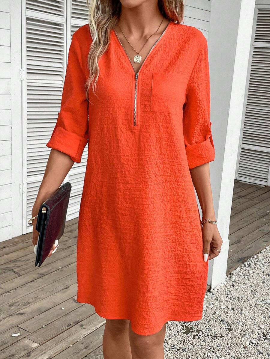 SHEIN LUNE 捲邊袖半拉鏈直筒洋裝