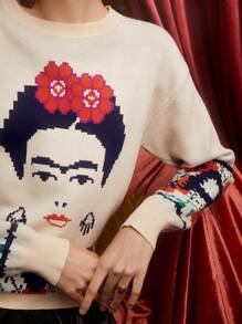 Frida Kahlo X SHEIN Figure Pattern Drop Shoulder Sweater - Apricot - View 4