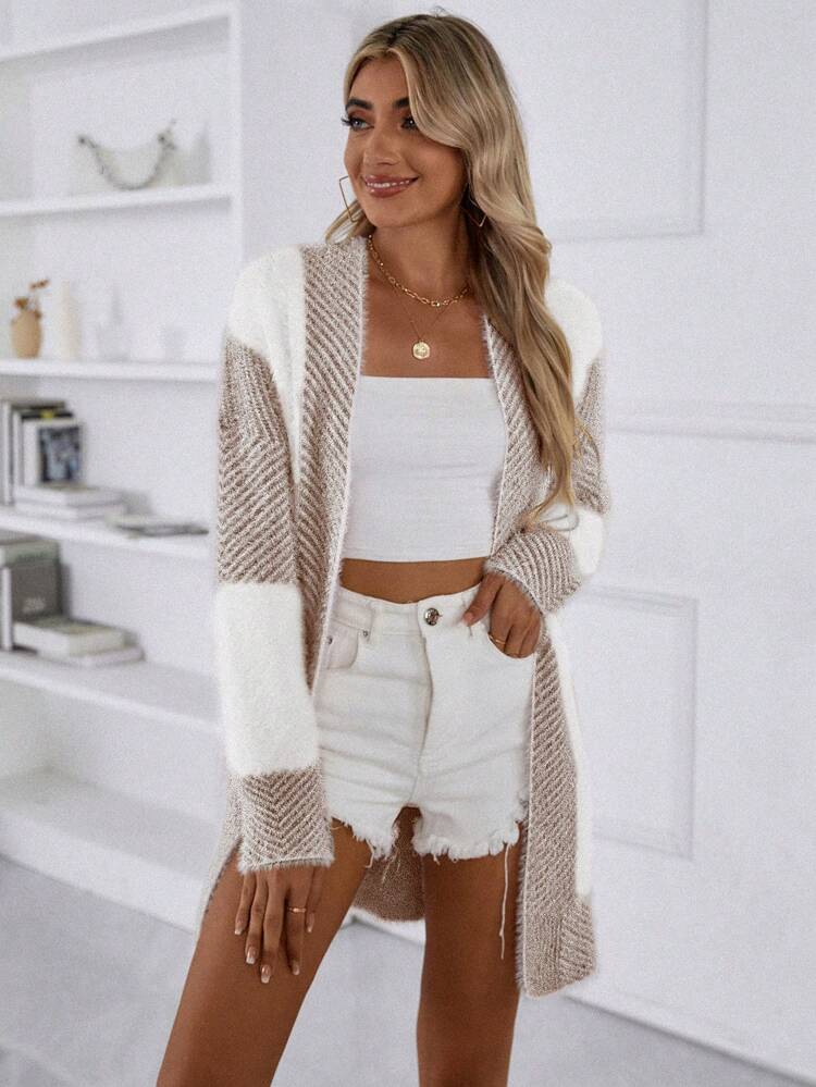 Two Tone Drop Shoulder Cardigan,Long Sleeve Tops Fall Winter Cloth For Women