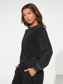 SHEIN BASICS 運動女士罩衫，採用毛圈絨面料 - 深灰色 - 查看 4