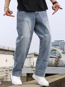 Manfinity Hypemode 男士斜口袋直筒牛仔褲 - 中等水洗藍 - 查看 3