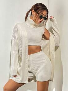 SHEIN Unity 高領短款毛衣背心&針織短褲&開襟衫 - 白色 - 查看 5