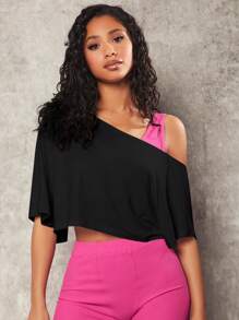 VARSITIE Asymmetrical Neck Batwing Sleeve Tee - Black - View 1