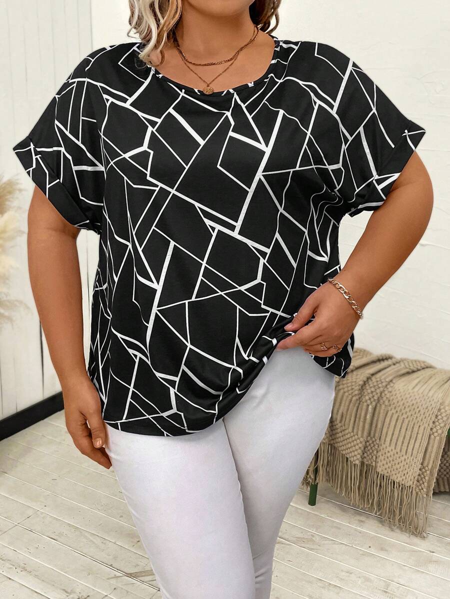 SHEIN LUNE Plus Geo Print Batwing Sleeve Tee - Black and White - View 1