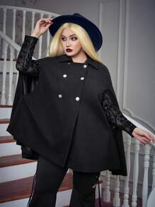 Flirla Plus Contrast Mesh Double Breasted Cape Overcoat - Black - View 1