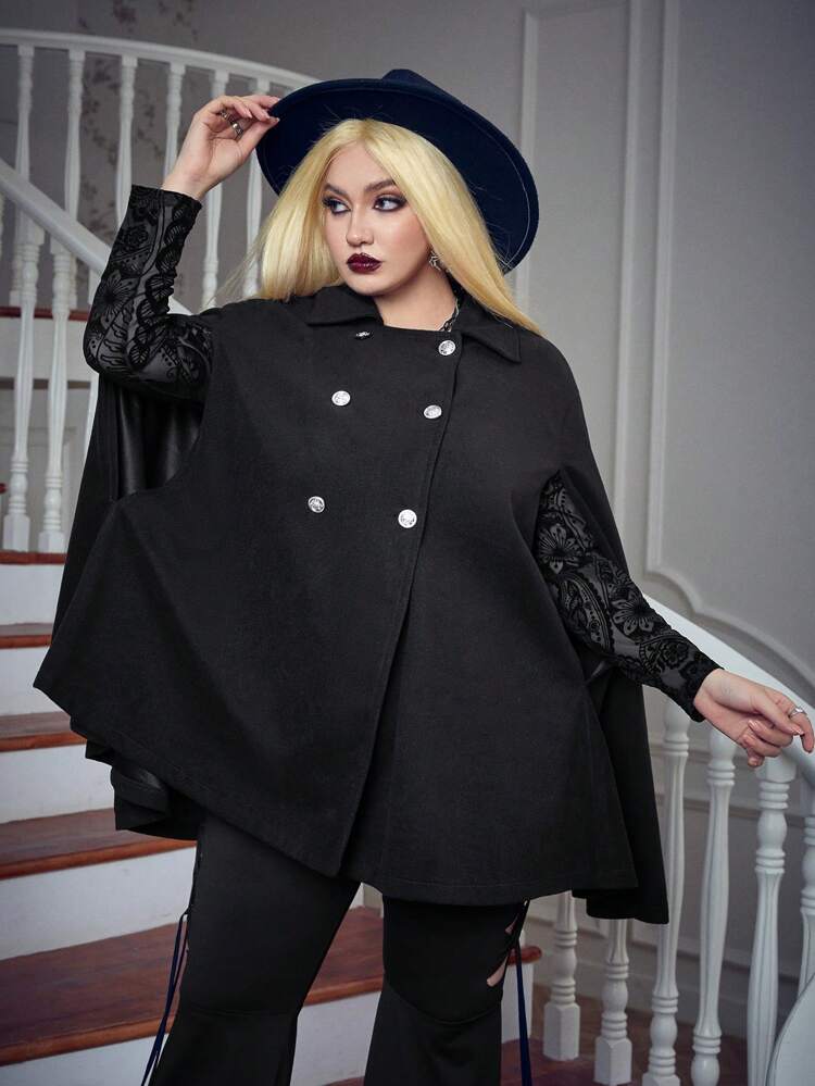 Plus Contrast Mesh Double Breasted Cape Overcoat