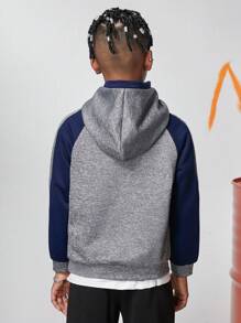 SHEIN Tween Boy Contrast Raglan Sleeve Hooded Sweatshirt - Grey - View 2