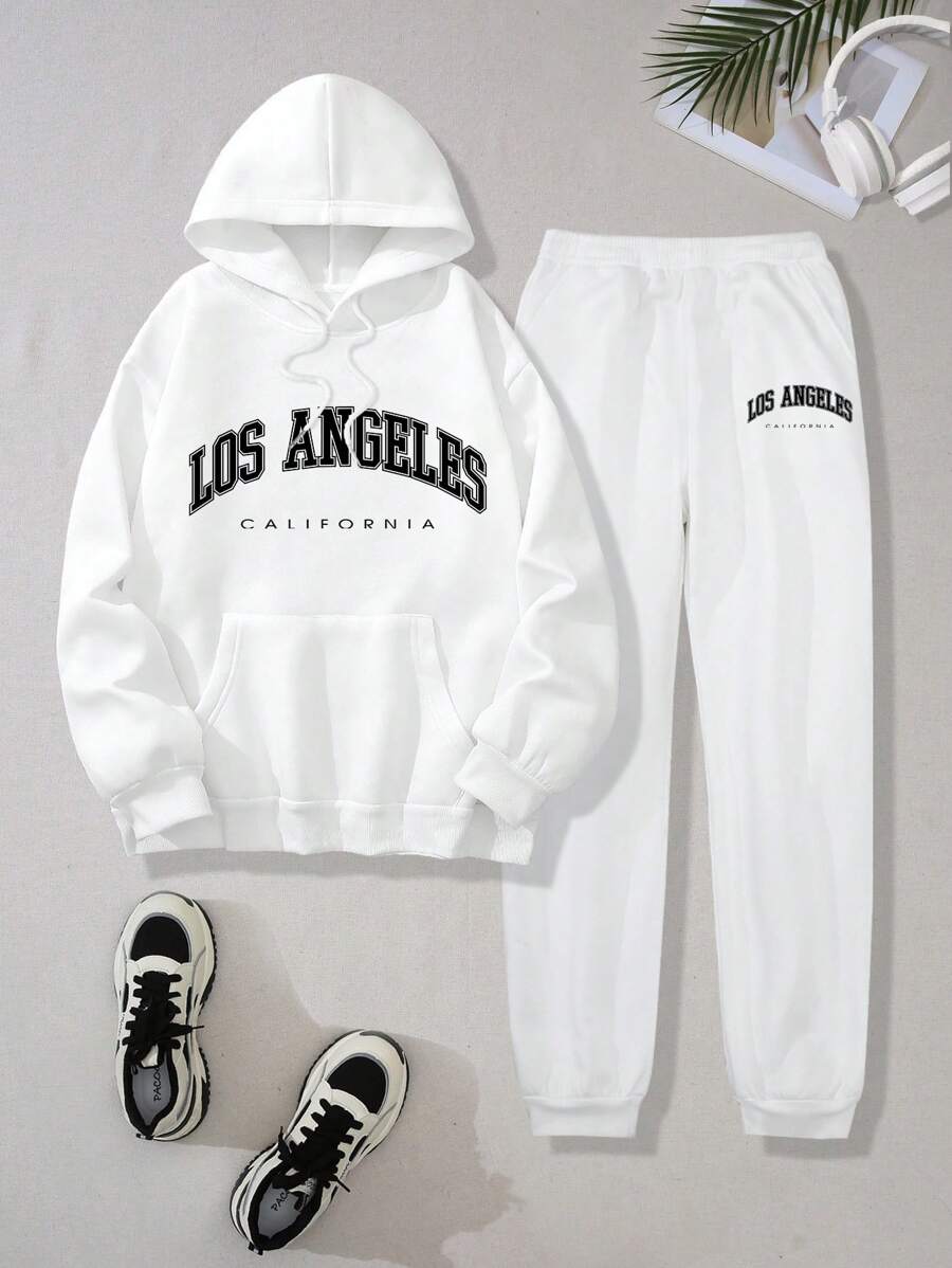 SHEIN EZwear Letter Graphic Kangaroo Pocket Drawstring Hoodie & Sweatpants - White - View 1