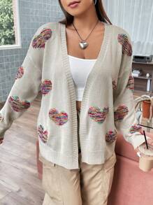 Flirla Hơn Thuốc nhuộm Không gian Hình trái tim Thả vai Áo len Duster - Màu be - Xem 4