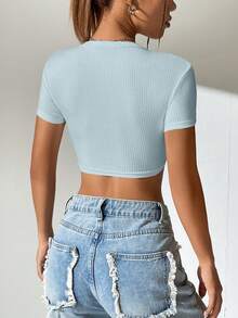 SHEIN EZwear Solid Ribbed Knit Crop Tee - Baby Blue - View 2