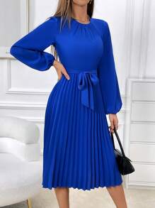 SHEIN Privé Lantern Sleeve Pleated Hem Belted Dress