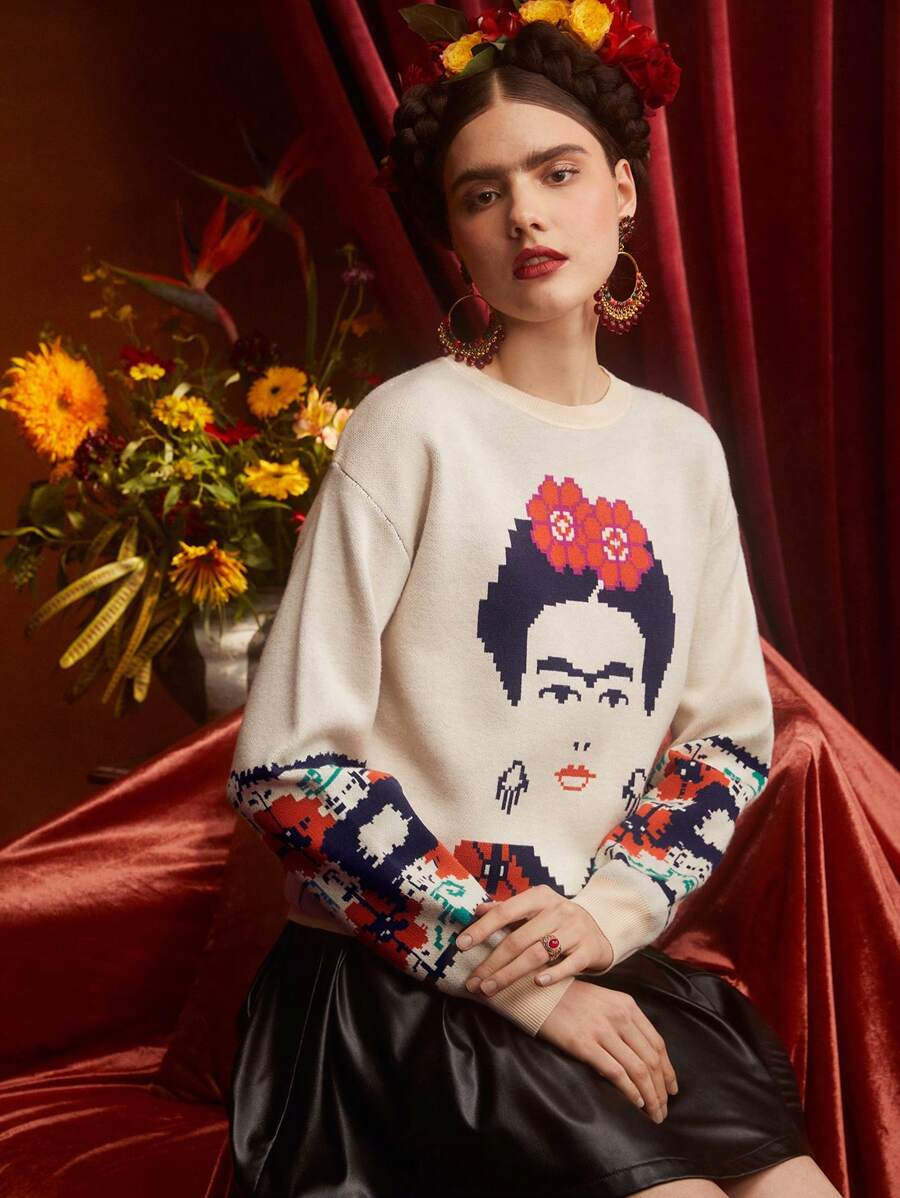 Frida Kahlo X SHEIN Figure Pattern Drop Shoulder Sweater - Apricot - View 1
