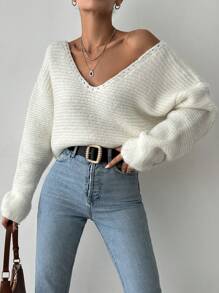 EURMUSE Solid Drop Shoulder V Neck Sweater - White - View 4