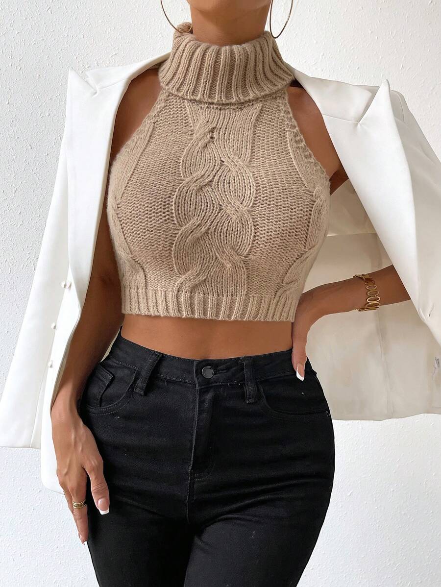 Chiquease Turtleneck Cable Knit Crop Knit Top - Khaki - View 1