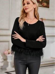 SHEIN LUNE Blusa unicolor con diseño lanudo - Negro - Ver 5